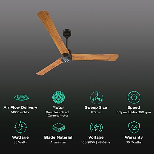 Atomberg atomberg Renesa Smart Plus 5 Star 1200mm 3 Blade BLDC Motor Smart Ceiling Fan with Remote (Alexa & Google Assistant, Golden Oakwood), 1 Unit  
