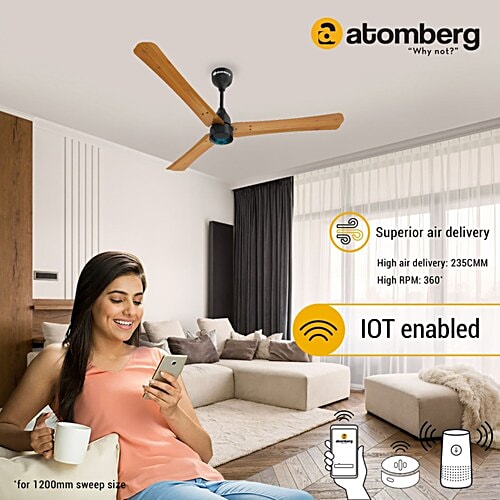 Atomberg atomberg Renesa Smart Plus 5 Star 1200mm 3 Blade BLDC Motor Smart Ceiling Fan with Remote (Alexa & Google Assistant, Golden Oakwood), 1 Unit  