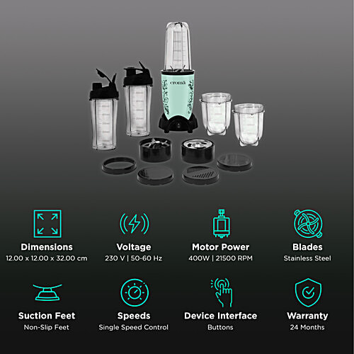 Croma Personal 400 Watt 5 Jars Blender (21500 RPM, Overload Protection, Teal Green), 1 Unit  
