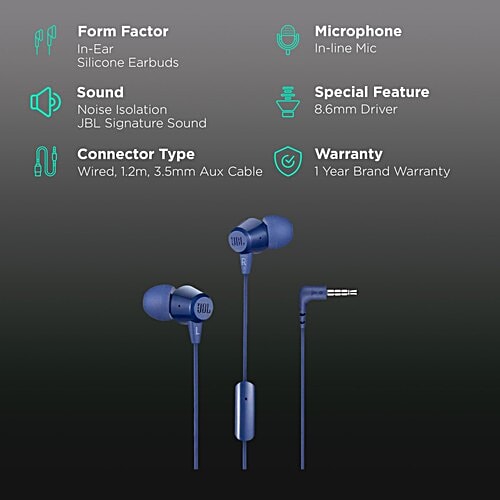 JBL JBL T50HIBLUIN Wired Earphone with Mic (In Ear, Blue), 1 Unit  