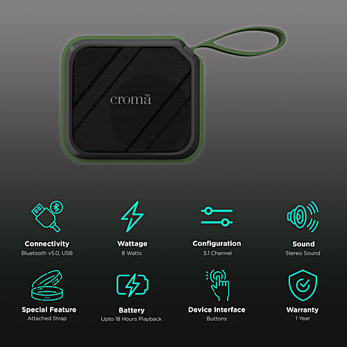Croma 8W Portable Bluetooth Speaker (Lightweight and Ergonomic Design, 5.1 Channel, Green), 1 Unit  