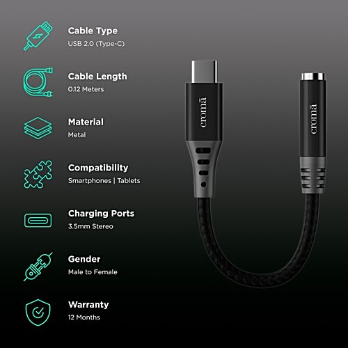 Croma Croma Type C to 3.5mm Aux 0.39 Feet (0.12M) Audio Adapter (In-Built DAC Chip, Black), 1 Unit  
