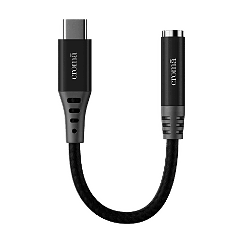 Croma Croma Type C to 3.5mm Aux 0.39 Feet (0.12M) Audio Adapter (In-Built DAC Chip, Black), 1 Unit  