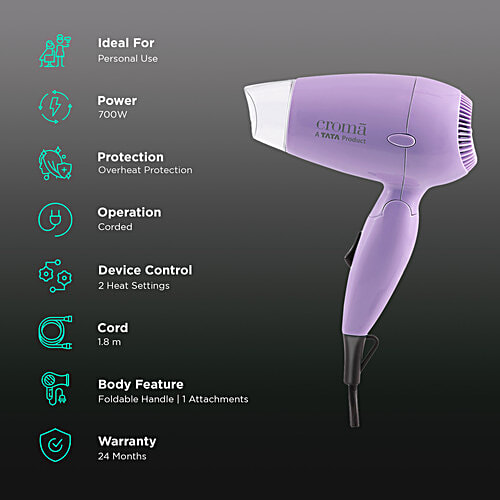 Croma CRSH700HCA270601 Hair Dryer with 2 Heat Settings (Overheat Protection, Purple), 1 Unit  