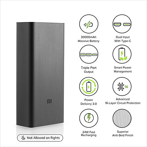 Mi Boost Pro 30000 mAh 18W Fast Charging Power Bank (1 Micro USB Type B, 1 Type C & 2 Type A Ports, Power Delivery 3.0, Black), 1 Unit  