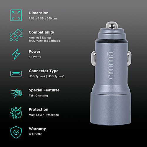Croma QP38W 38 Watts 2 USB Ports Car Charging Adapter (Fast Charging Capability, CRST38WCHA281201, Grey), 1 Unit  