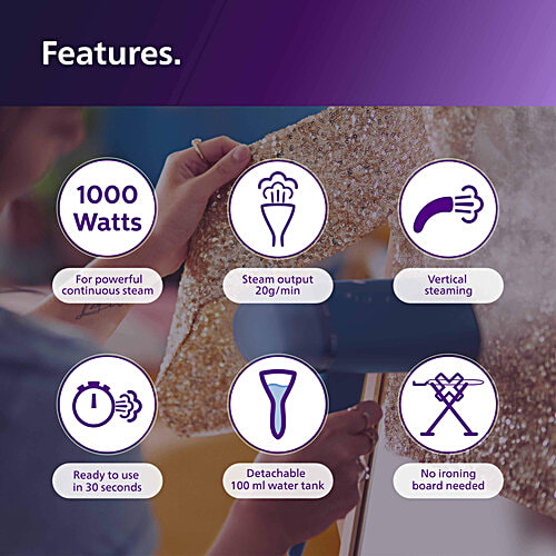 Philips India 3000 Series 1000 Watts 100ml Handheld Garment Steamer (Foldable, STH3000/20, Reno Blue), 1 Unit  