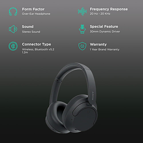 Sony WH-CH720 Bluetooth Headphone with Mic (Dual Noise Sensor Technology, Over Ear, Black), 1 Unit  