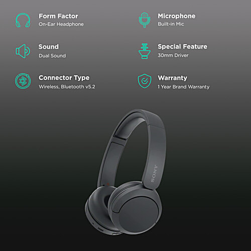Sony WH-CH520 Bluetooth Headphone with Mic (30mm Driver, On Ear, Black), 1 Unit  