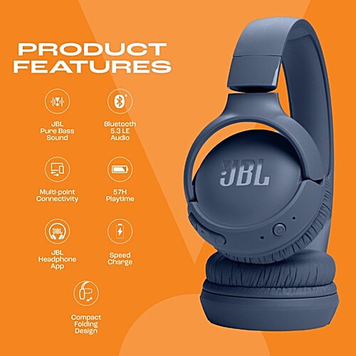 JBL JBL Tune JBLT520BTBLU Bluetooth Headphone with Mic (Pure Bass Sound, On Ear, Blue), 1 Unit  