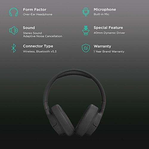 JBL JBL Tune 770NC Bluetooth Headphone with Adaptive Noise Cancellation (Pure Bass Sound, Over Ear, Black), 1 Unit