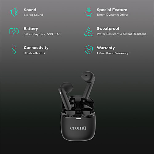 Croma CRSE030EPA016501 TWS Earbuds (Sweat & Water Resistant, Upto 32 Hours Playback, Black & Grey), 1 Unit  