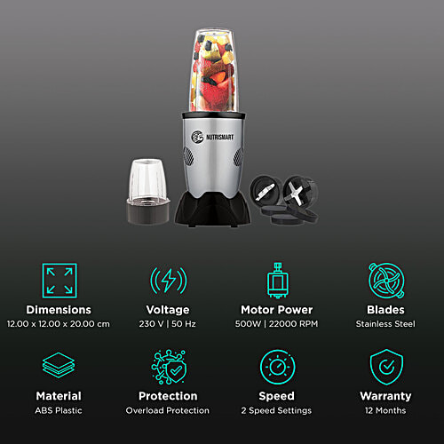 Nutrismart Nutriblend 500 Watt 2 Jars Mixer Grinder (22000 RPM, Overload Protection, Silver), 1 Unit