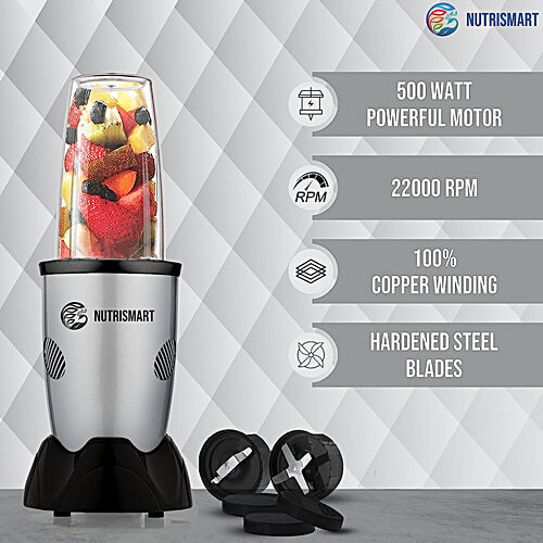 Nutrismart Nutriblend 500 Watt 2 Jars Mixer Grinder (22000 RPM, Overload Protection, Silver), 1 Unit