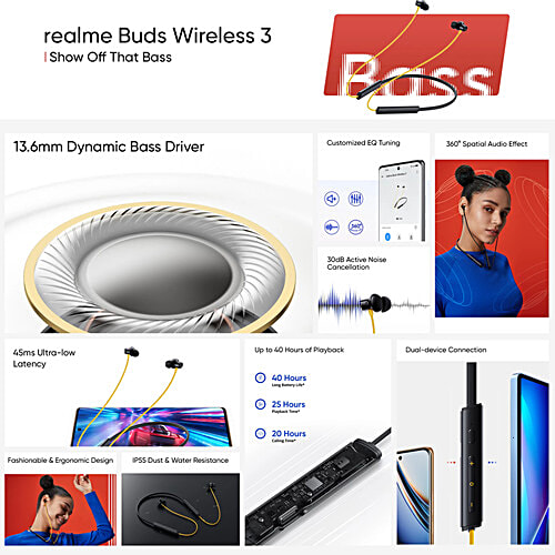 Realme Buds Wireless 3 RMA 2119 Neckband with Active Noise Cancellation (IP55 Water Resistant, Google Fast Pairing, Pure Black), 1 Unit  