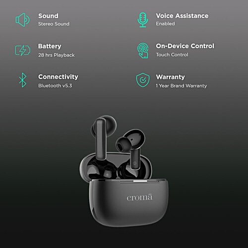 Croma Croma TWS Earbuds with Active Noise Cancellation (IPX5 Water Resistant, Fast Charging, Black), 1 Unit  