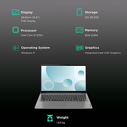 Lenovo Lenovo IdeaPad 3 15IAU7 Intel Core i3 12th Gen Laptop (8GB, 512GB SSD, Windows 11 Home, 15.6 inch Full HD, MS Office 2021, Arctic Grey, 1.63 KG), 1 Unit  