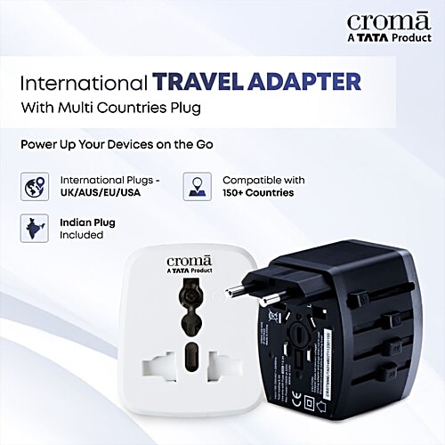 Croma Croma 4 Plugs 150 Countries Travel Adapter (Over Current Protection, CRST30WUTA014802, Black), 1 Unit  