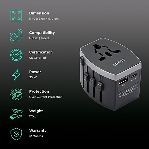 Croma Croma 4 Plugs 150 Countries Travel Adapter (Over Current Protection, CRST30WUTA014802, Black), 1 Unit  