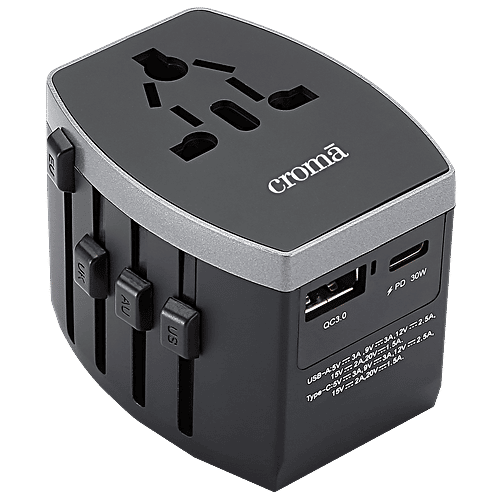 Croma Croma 4 Plugs 150 Countries Travel Adapter (Over Current Protection, CRST30WUTA014802, Black), 1 Unit  