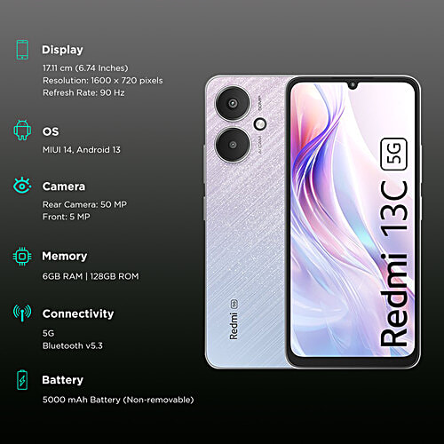 Redmi 13C 5G (6GB RAM, 128GB, Startrail Silver), 1 Unit