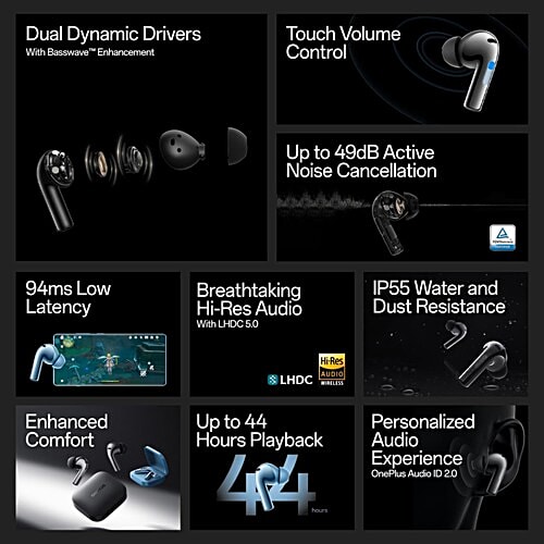 OnePlus OnePlus Buds 3 TWS Earbuds with Adaptive Noise Cancellation (IP55 Water & Dust Resistant, Fast Charging, Metallic Gray), 1 Unit  