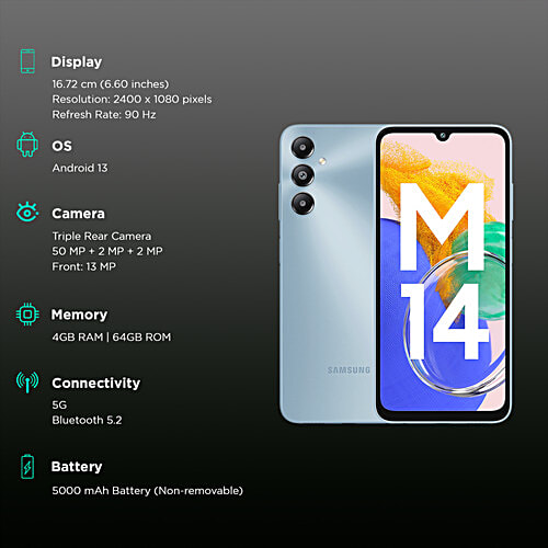 Samsung Galaxy M14 (4GB RAM, 64GB, Arctic Blue), 1 Unit