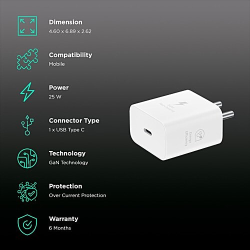 Samsung SAMSUNG 25W Type C Fast Charger (Adapter Only, Support PD 3. PPS, White), 1 Unit