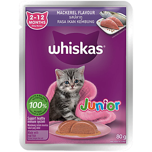 Whiskas Kitten 2-12 Months Wet Cat Food - Mackerel Flavour, 80 g Pouch Mackerel Flavour, 2-12 Months, 100% Complete & Balanced Nutrition