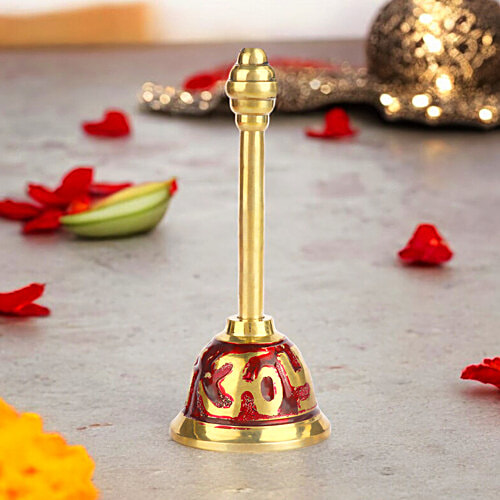 Satvik Om Swastik Brass Puja Bell - Red, 4.5x4.5 cm, 1 pc  