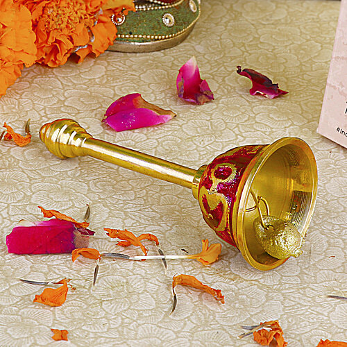 Satvik Om Swastik Brass Puja Bell - Red, 4.5x4.5 cm, 1 pc  