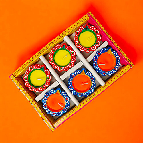 House of Festivals Detailed Flower Design Clay Diya - With Colourful Wax, 6 pcs