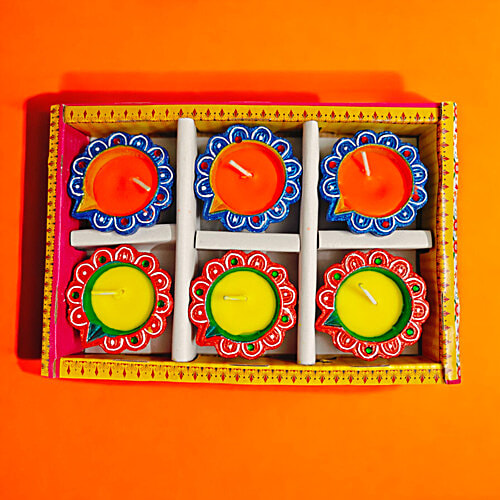 House of Festivals Detailed Flower Design Clay Diya - With Colourful Wax, 6 pcs