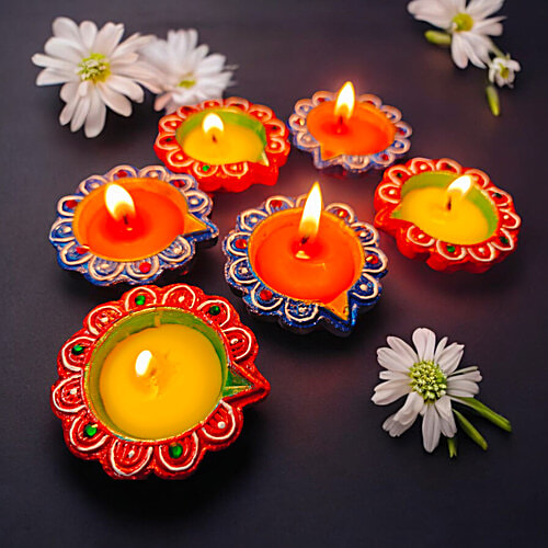 House of Festivals Detailed Flower Design Clay Diya - With Colourful Wax, 6 pcs