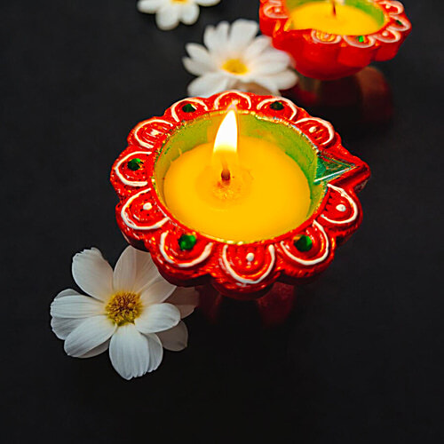 House of Festivals Detailed Flower Design Clay Diya - With Colourful Wax, 6 pcs