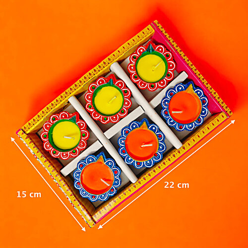 House of Festivals Detailed Flower Design Clay Diya - With Colourful Wax, 6 pcs