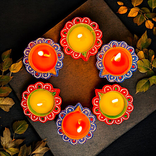 House of Festivals Detailed Flower Design Clay Diya - With Colourful Wax, 6 pcs