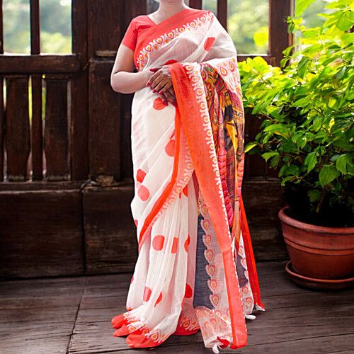 House of Festivals Premium Kolkata Durga Puja Cotton Saree - 6.25 m, 1 pc