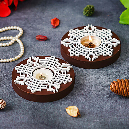 eCraftIndia Round Wooden Block Print Tea Light Candle Holders, Diya Stands, 1 pc (Set of 2) 
