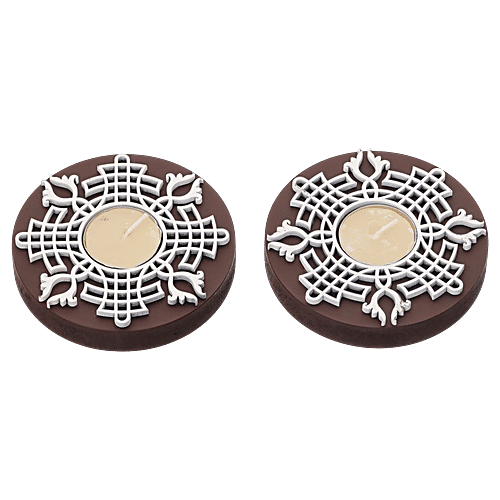 eCraftIndia Round Wooden Block Print Tea Light Candle Holders, Diya Stands, 1 pc (Set of 2) 