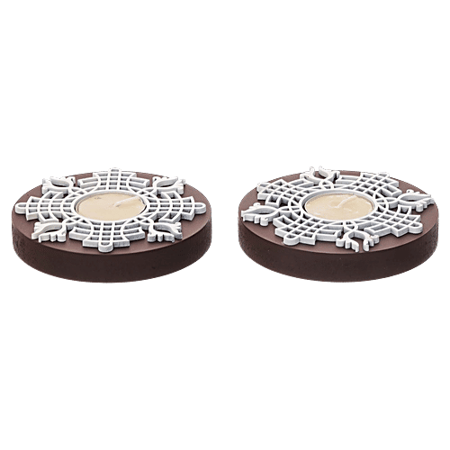 eCraftIndia Round Wooden Block Print Tea Light Candle Holders, Diya Stands, 1 pc (Set of 2) 