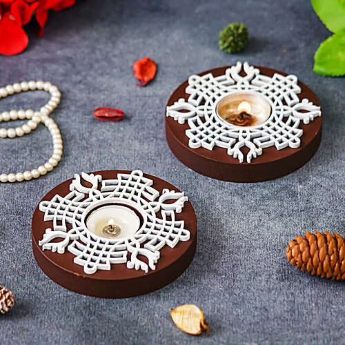 eCraftIndia Round Wooden Block Print Tea Light Candle Holders, Diya Stands, 1 pc (Set of 2) 