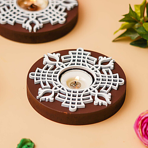 eCraftIndia Round Wooden Block Print Tea Light Candle Holders, Diya Stands, 1 pc (Set of 2) 