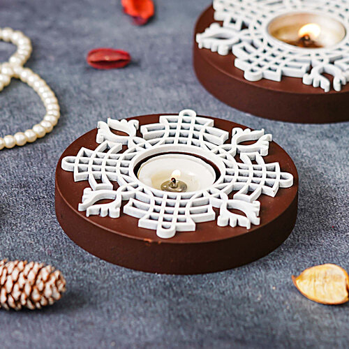 eCraftIndia Round Wooden Block Print Tea Light Candle Holders, Diya Stands, 1 pc (Set of 2) 