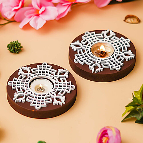 eCraftIndia Round Wooden Block Print Tea Light Candle Holders, Diya Stands, 1 pc (Set of 2) 