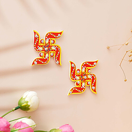 eCraftIndia Wooden Handcrafted Swastika Stickers For Wall, Door, 1 pc  