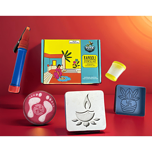 Tota Rangoli Stencil Kit, 5 pcs (Pen, Filter, 10.16 cm Jali, 4X4 & 5X5 Kapa Stencils) 