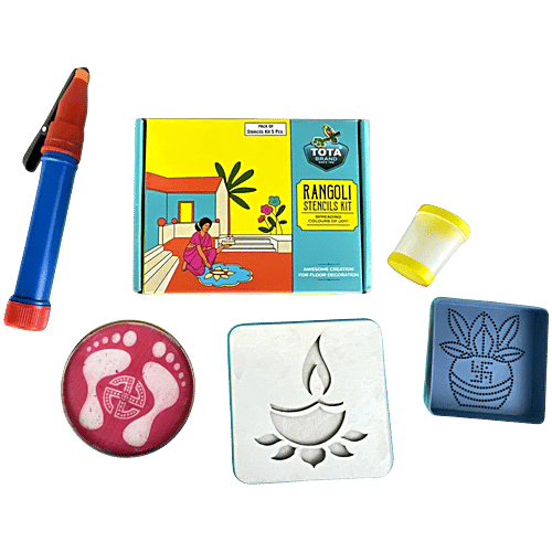Tota Rangoli Stencil Kit, 5 pcs (Pen, Filter, 10.16 cm Jali, 4X4 & 5X5 Kapa Stencils) 