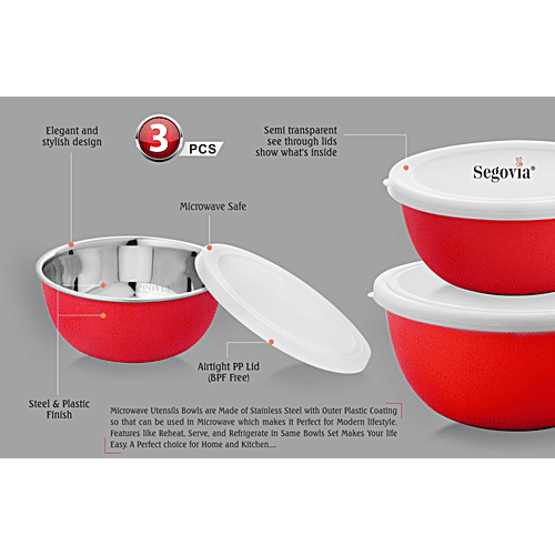 Segovia Stainless Steel Microwave Safe Bowl Set With Lid - Mixing Bowl, Storage Bowl, 3 pcs (800 ml, 1 L, 1.3 L) 