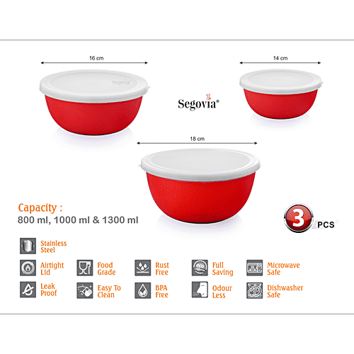 Segovia Stainless Steel Microwave Safe Bowl Set With Lid - Mixing Bowl, Storage Bowl, 3 pcs (800 ml, 1 L, 1.3 L) 